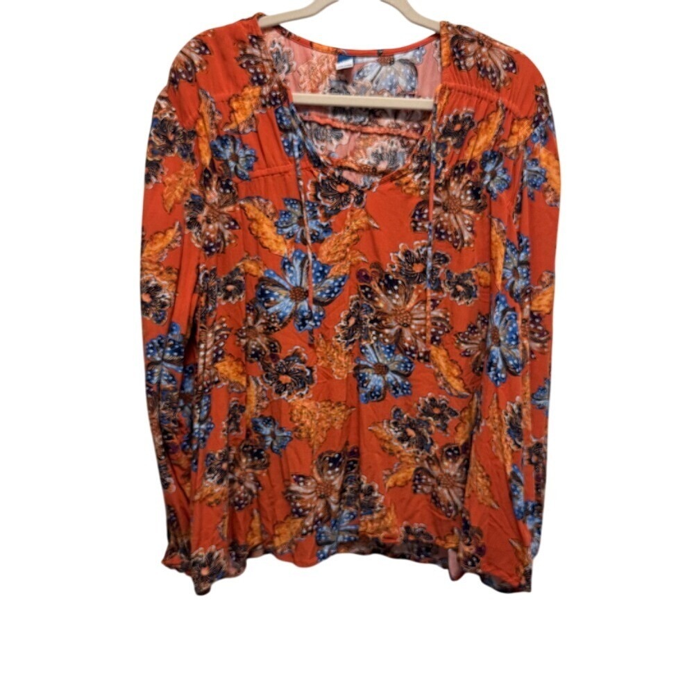 Old Navy Blouse Women's 2X Orange‎ Floral Long Sleeve Popover Office Boho Casual